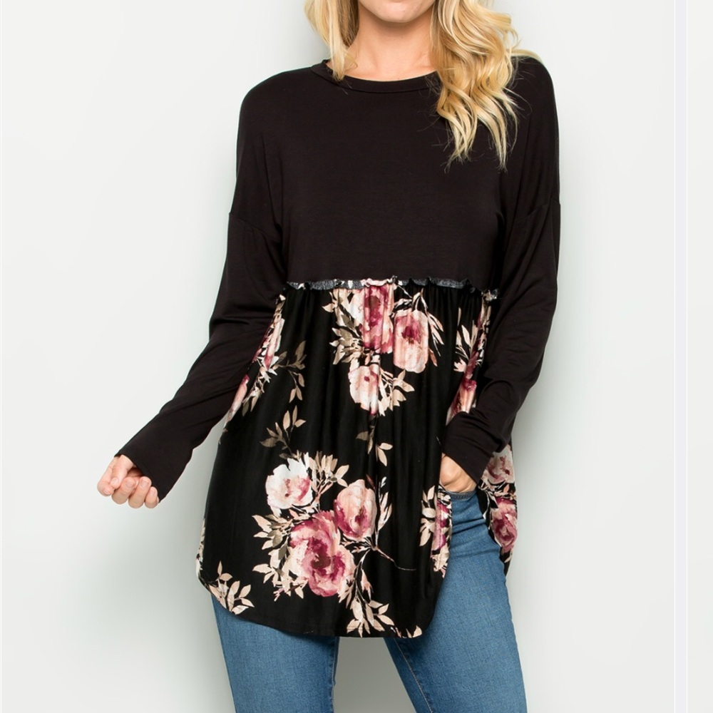 Black & Blush Floral Empire-Waist Top